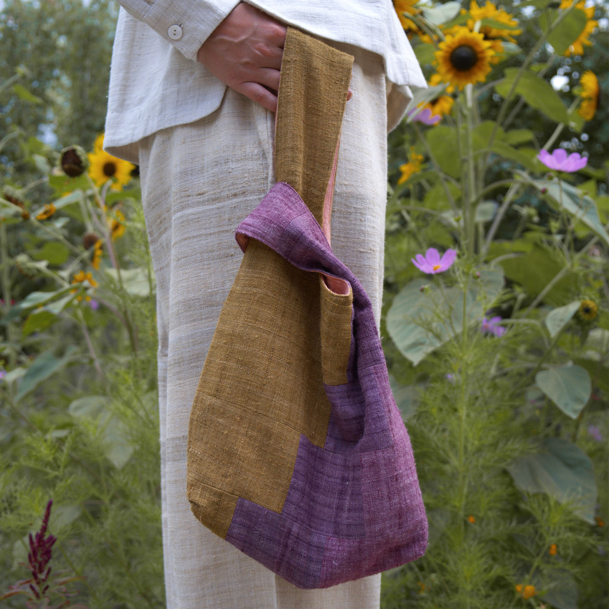 India, We are KAL, Eri Silk Knot Bag, Purple and Green