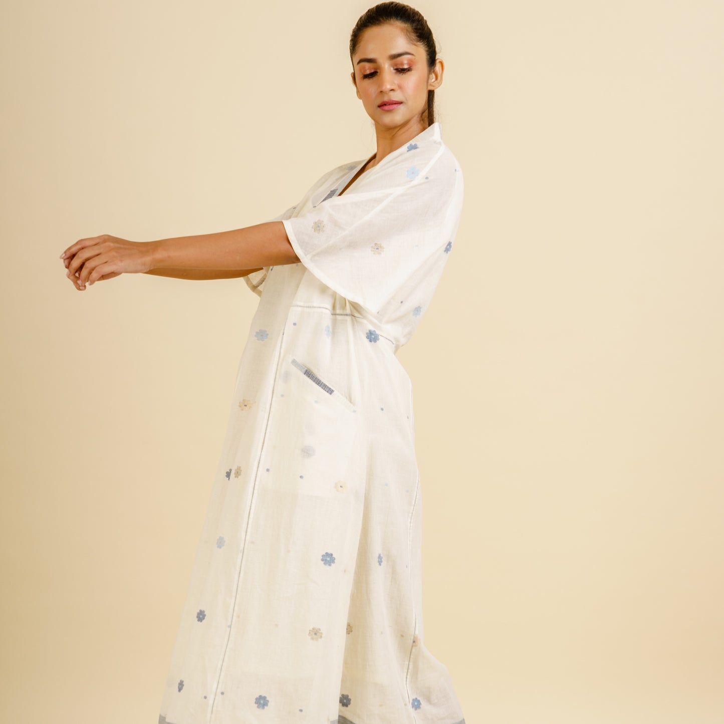 India, Karomi Crafts & Textiles, Off-White Sishumi Jamdani Patchwork Dress