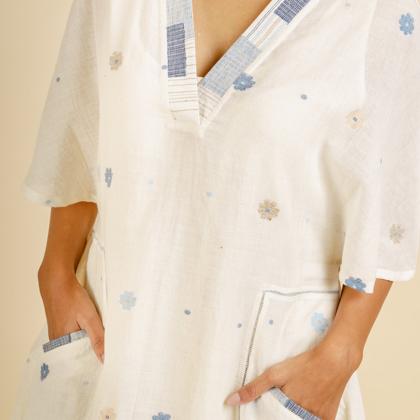 India, Karomi Crafts & Textiles, Off-White Sishumi Jamdani Patchwork Dress