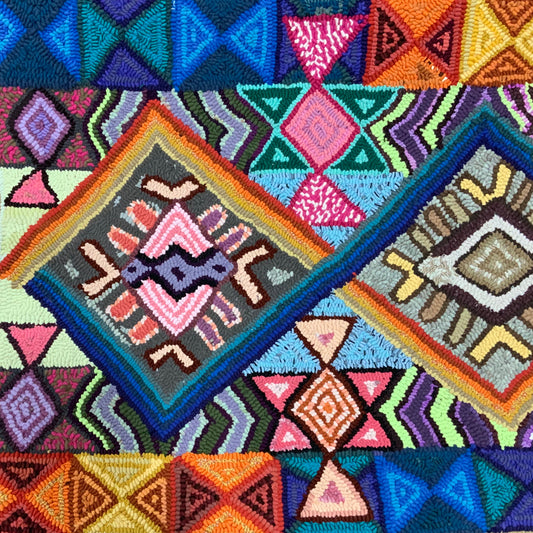 Guatemala, Multicolores/ Nicolasa Pacay Barán, "Sun and Moon" Hand-Hooked Rug
