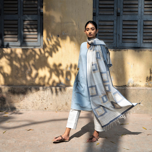 India, Karomi Crafts & Textiles, Off White Double Square Jamdani Stole