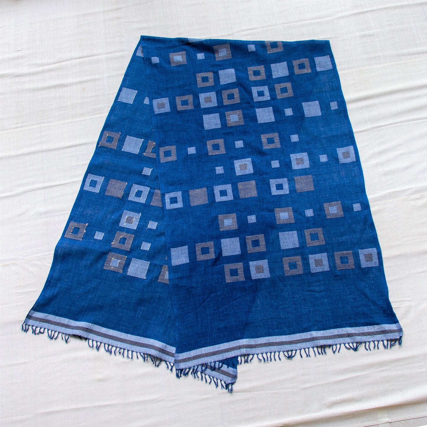 India, Karomi Crafts & Textiles, Indigo Multiple Square Jamdani Stole