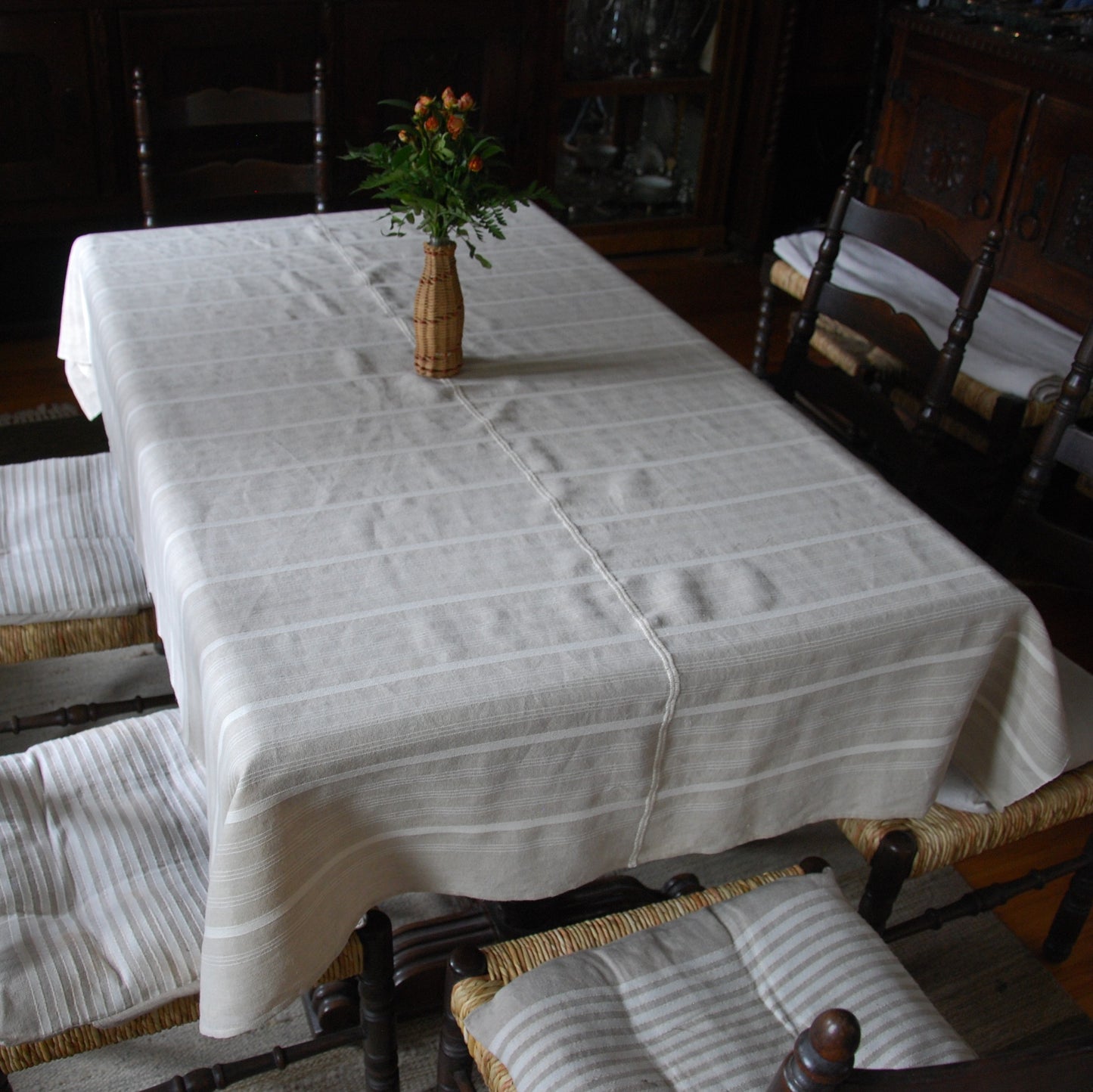 Hungary, Zsuzsa Zsigmond, Linen tablecloth with original stripe rhythm from Sárköz region