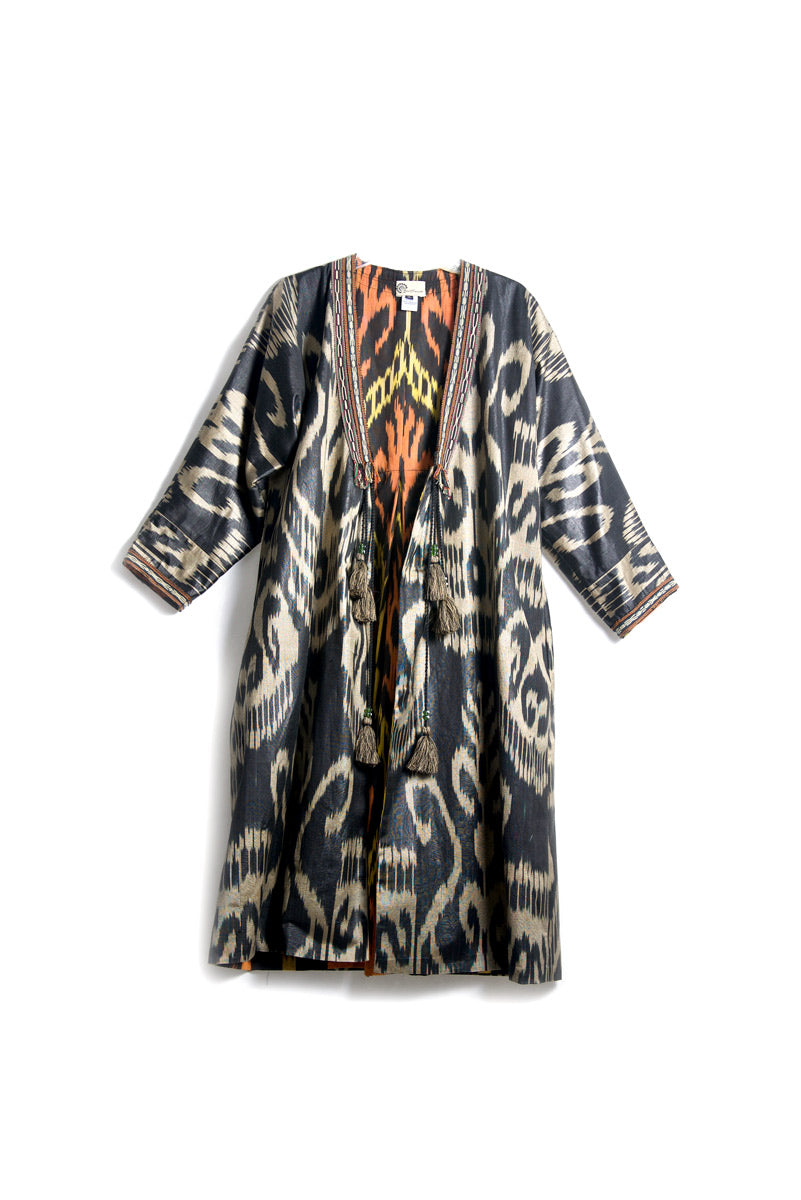 Uzbekistan, Bibi Hanum,  Black, Beige and Red Ikat Chapan / Kaftan with Pleats
