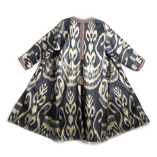 Uzbekistan, Bibi Hanum,  Black, Beige and Red Ikat Chapan / Kaftan with Pleats