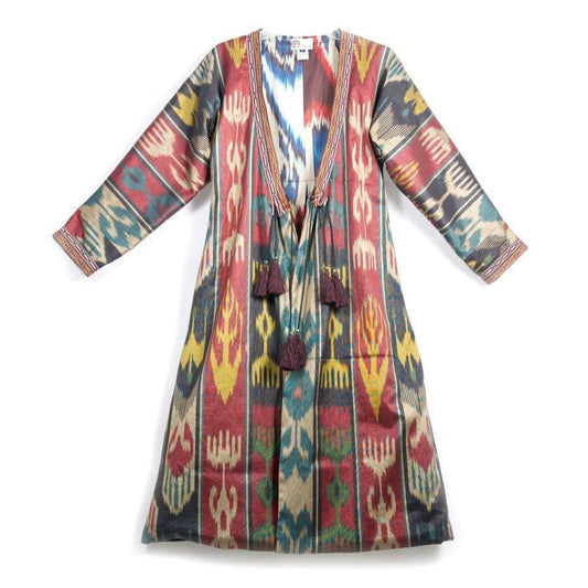 Uzbekistan, Bibi Hanum, Multicolored Ikat Chapan / Kaftan with Pleats