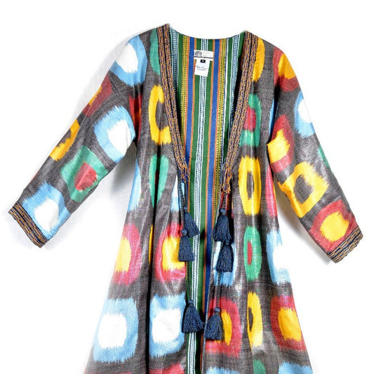 Uzbekistan, Bibi Hanum, Multicolored dots Ikat Chapan / Kaftan with Pleats