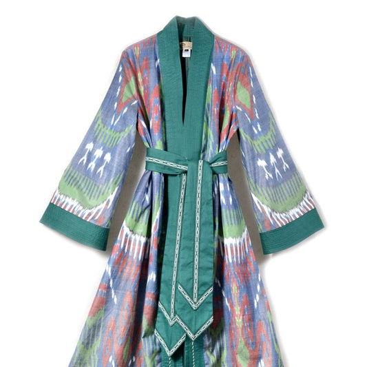 Uzbekistan, Bibi Hanum, Green Maxi Ikat Wrap Robe with Sash