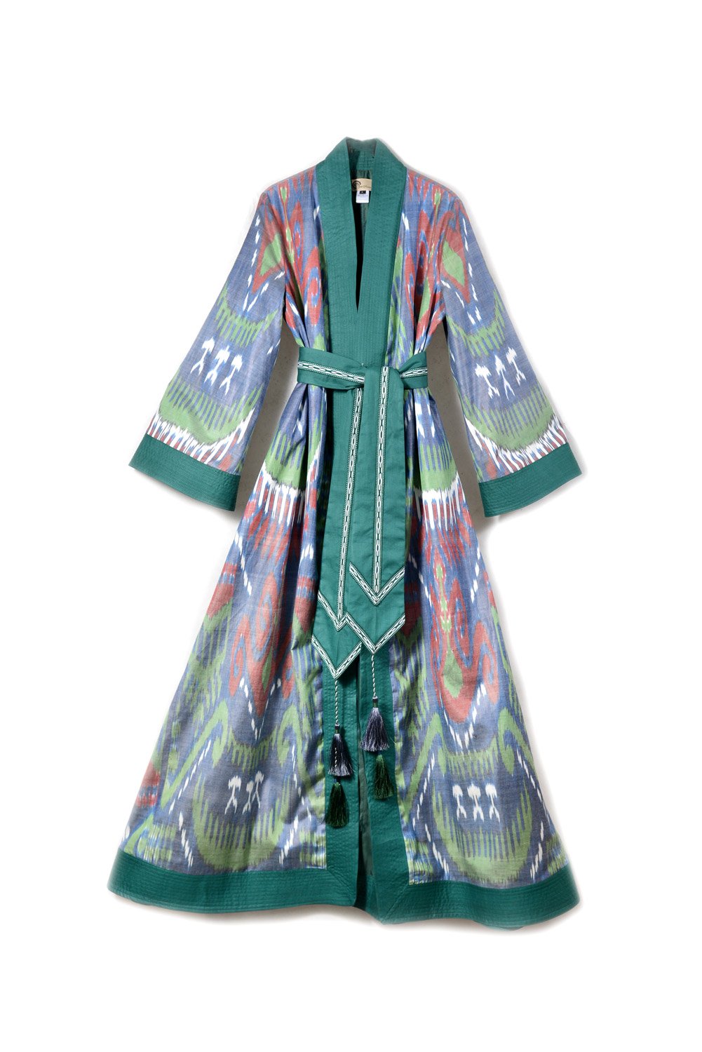 Uzbekistan, Bibi Hanum, Green Maxi Ikat Wrap Robe with Sash