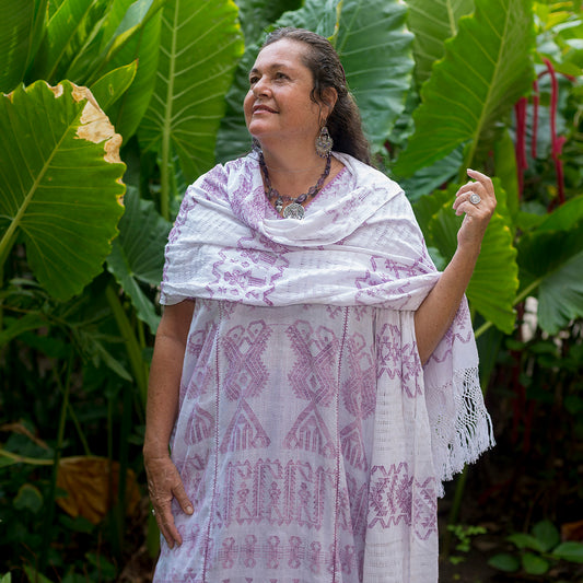 Mexico, Mexican Dreamweavers, White and ‘tixinda’ Rebozo Shawl