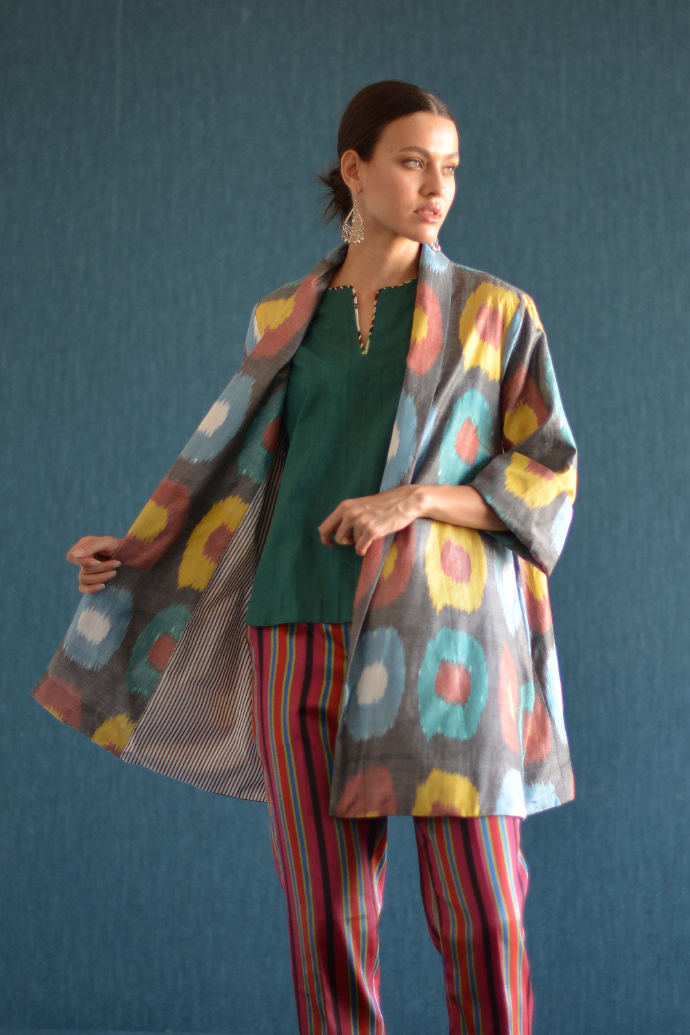 Uzbekistan, Bibi Hanum, Multicolored Shawl Collar Ikat Jacket