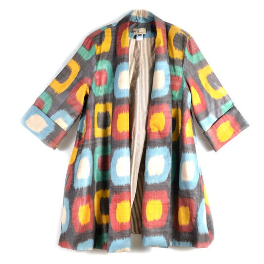 Uzbekistan, Bibi Hanum, Multicolored Shawl Collar Ikat Jacket