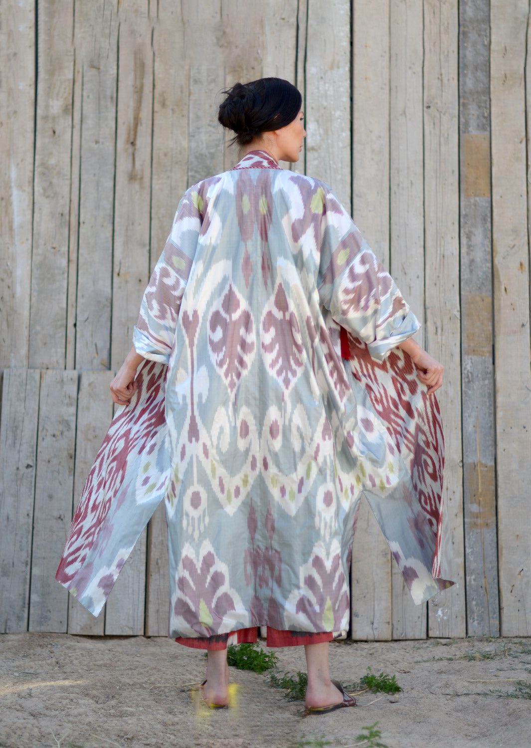 Uzbekistan, Bibi Hanum, Red and Grey Silk Ikat Robe